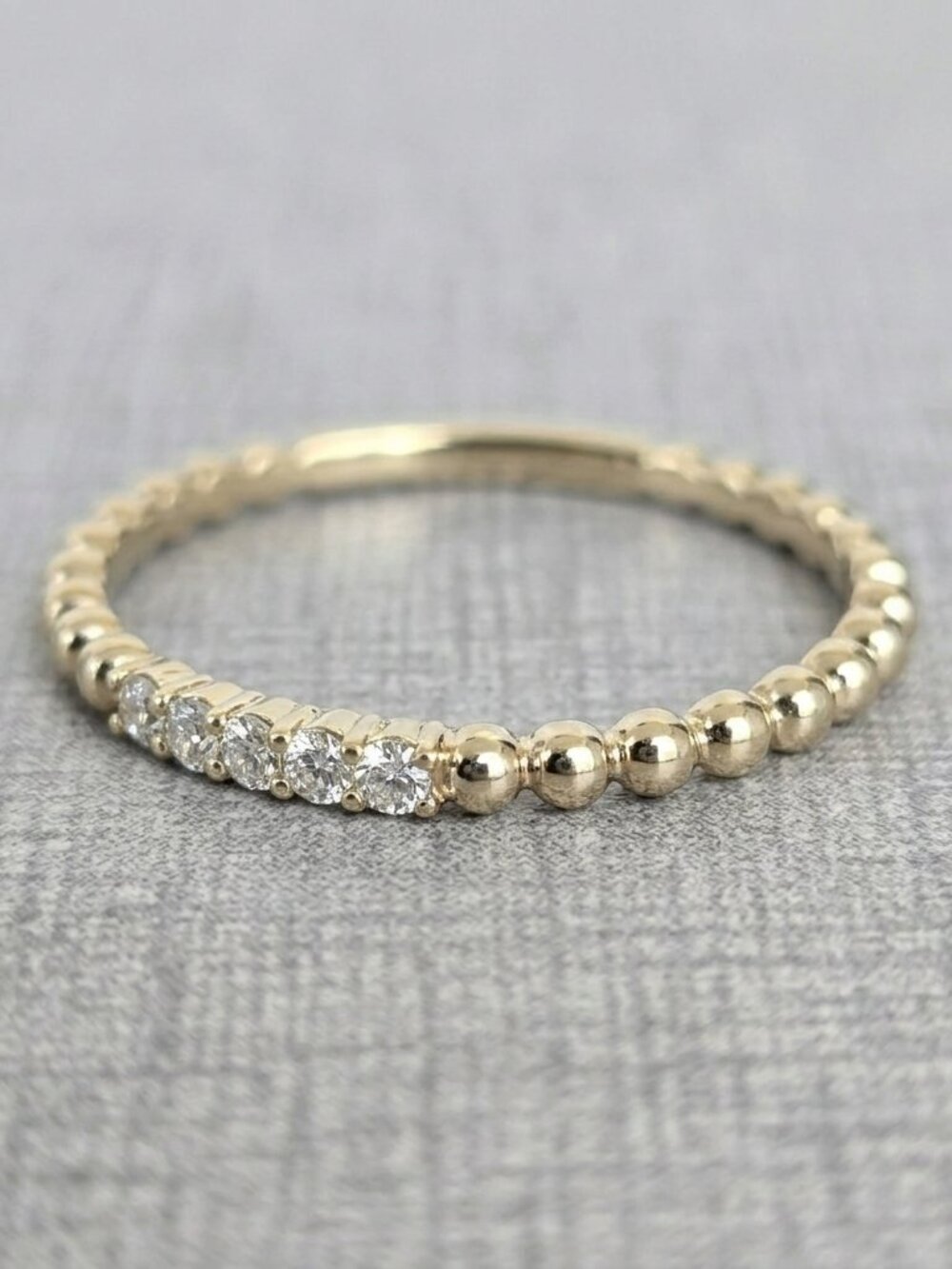 14K Yellow Gold 0.12ctw Natural Round Diamond Beaded Stacking Ring Size 6.5
